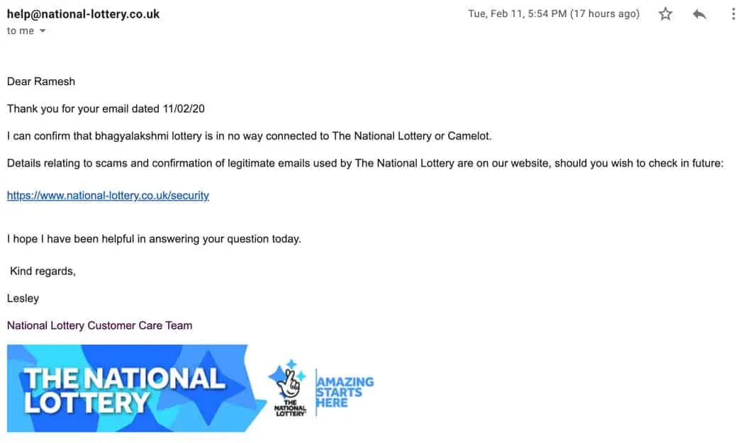 Answer from the the national lottery of UK that they are in no way associated with Bhagyalakshmi lottery