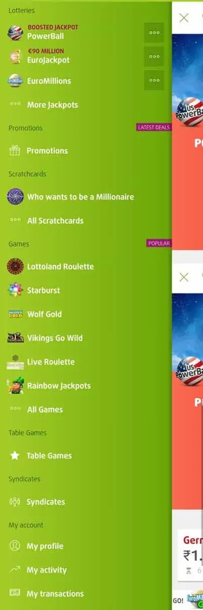lottoland app sidebar menu